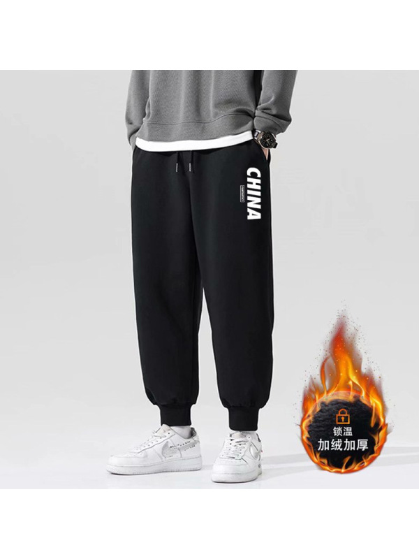 休闲卫裤男秋冬季新款韩版大码束脚加厚潮流印花加绒裤子