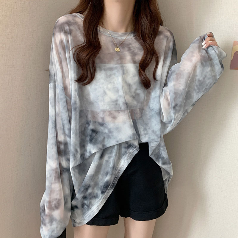 扎染网纱防晒上衣女夏宽松冰丝薄款透视长袖T恤女装罩衫衣服