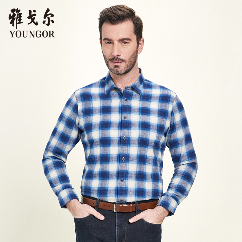 Youngor/雅戈尔秋季男士纯棉修身时尚格子长袖衬衫5044