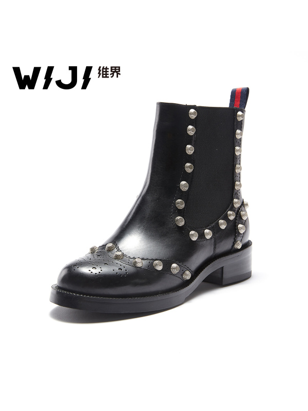 WIJI女靴子新款胎牛皮粗跟厚底时尚休闲单鞋百搭潮流个性切尔西靴