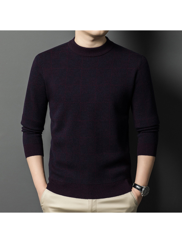 100%绵羊毛衫方格花纹保暖提花加厚打底针织衫濮院工厂纯羊毛衫