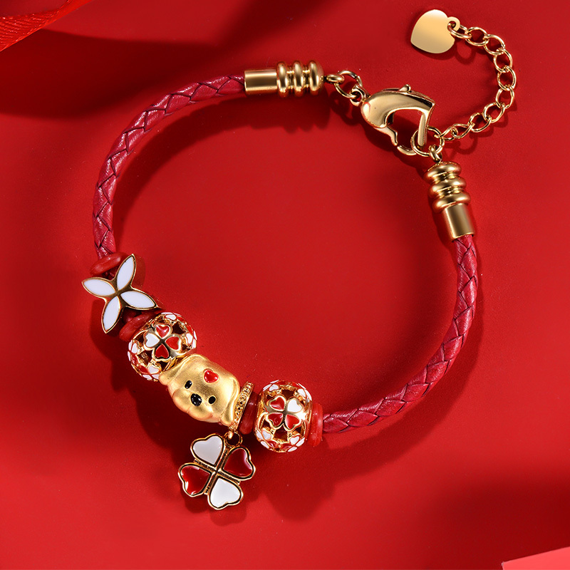 生肖萌狗黄金手链女款时尚可爱3d硬金四叶草红色手绳足金新年生日礼物