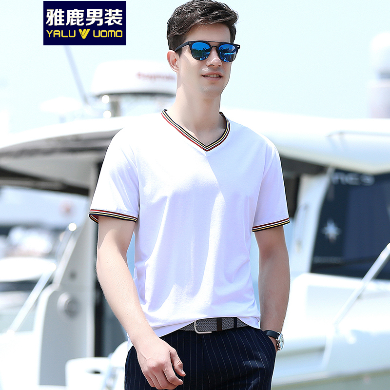 雅鹿男装2019春夏男装 百搭V领纯色T恤短袖打底衫男 18306