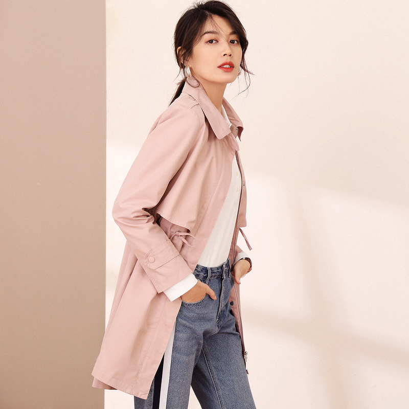 恒源祥休闲风方领风衣女休闲百搭2020早春中长款拉链收腰chic外套