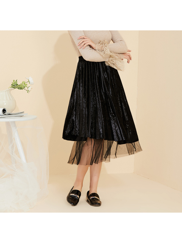 依尚街区百褶裙女2019新款时尚金丝绒纱拼接松紧腰大摆半身裙