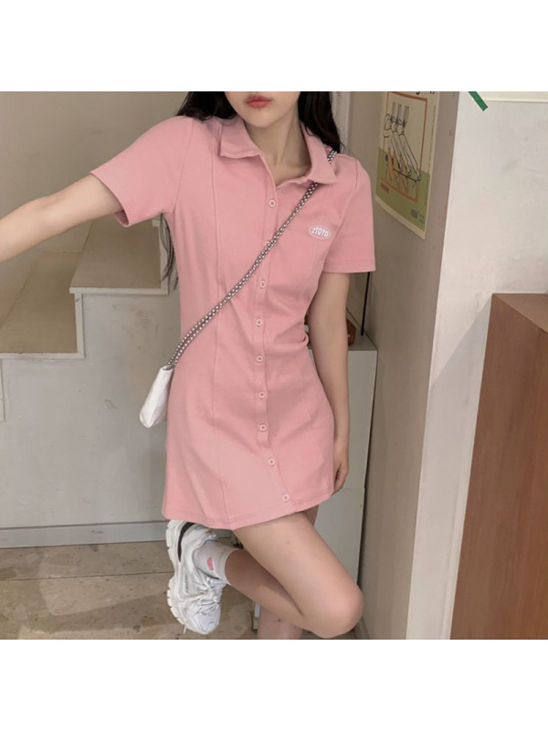 纯欲风韩系Polo领连衣裙女装夏季新款设计感收腰a字T恤裙短裙