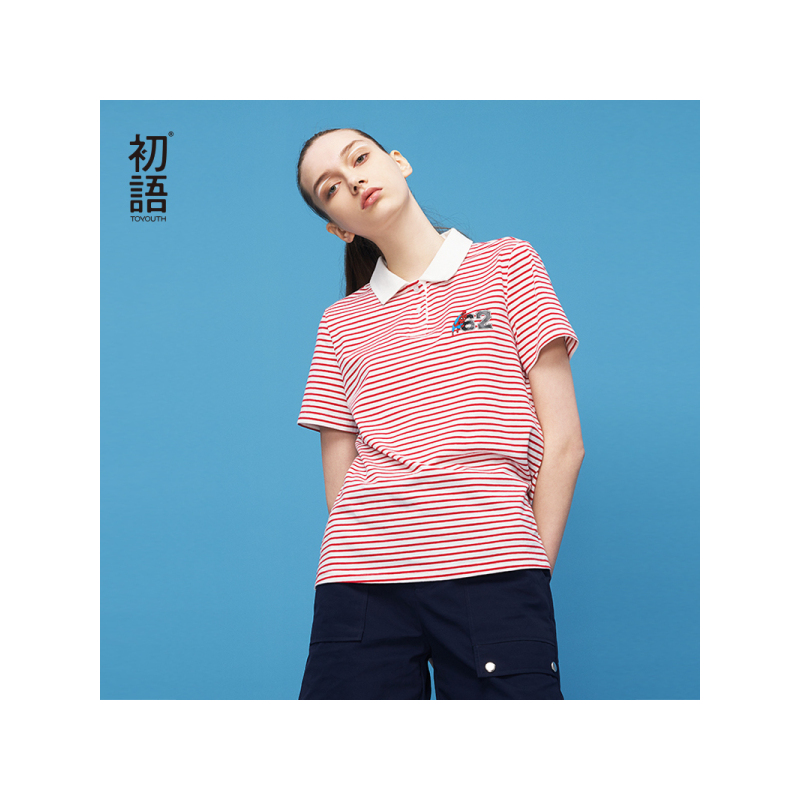 初语polo衫女可爱短袖上衣印花细条纹衬衫领显瘦T恤女