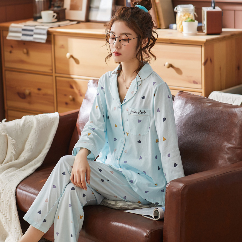 安之伴秋季睡衣纯棉长袖开衫休闲爱心韩版宽松女士家居服套装