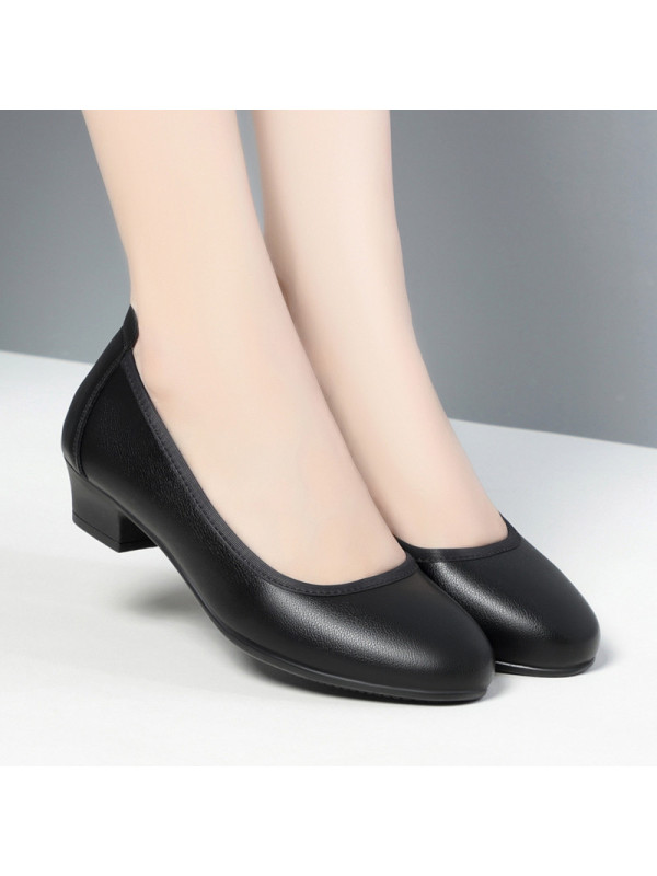 空姐软底久站不累脚工作鞋女黑色粗跟中跟酒店浅口圆头单鞋春秋款