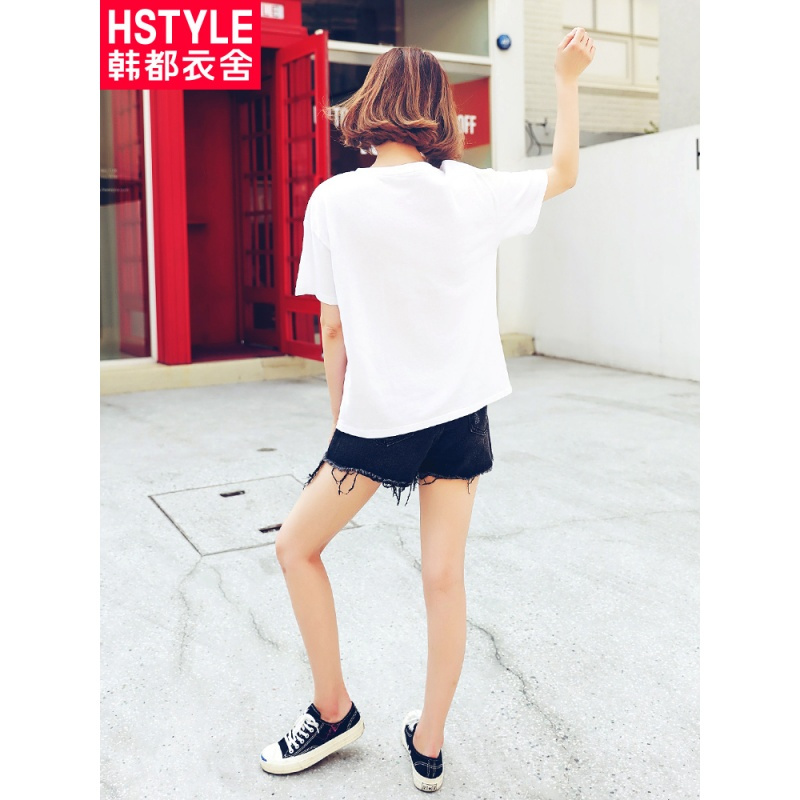 韩都衣舍2018新款女装夏装韩版字母印花宽松纯棉短袖T恤OU12545堯