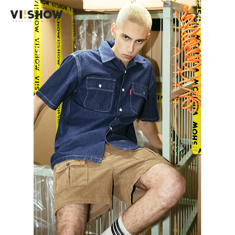 viishow短袖衬衫男夏季方领潮牌牛仔半袖衬衣男士宽松5