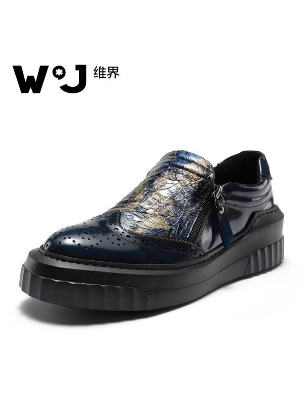 维界色彩独特新款牛皮擦色套脚布洛克休闲鞋