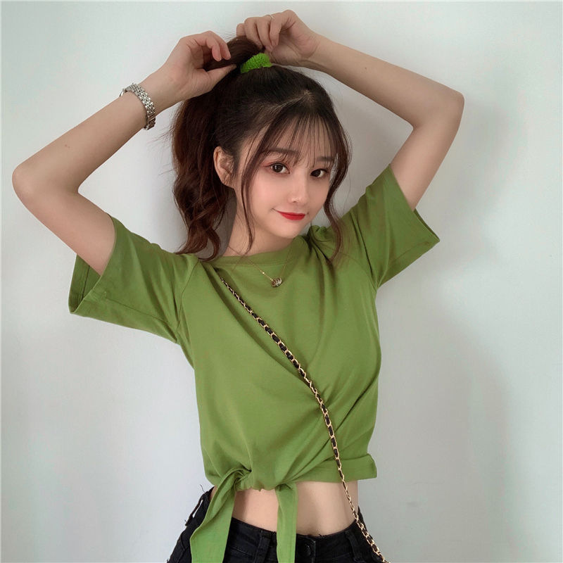 设计感打底衫女夏季新款韩版时尚高腰短款短袖纯色小心机T恤女装
