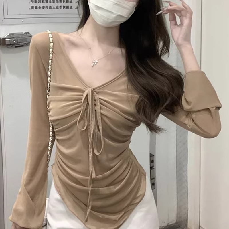 系带v领防晒网纱长袖T恤女秋季新款纯欲风褶皱不规则修身短款上衣