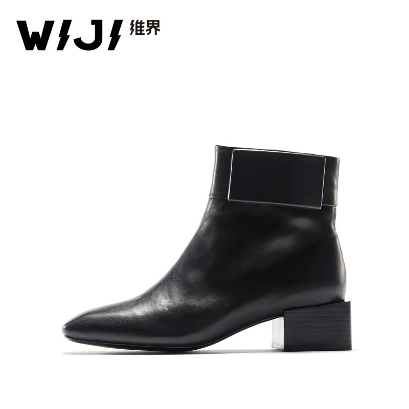 WIJI冬季新款时尚潮流切尔西靴休闲个性纯色透气方头舒适拉链女靴