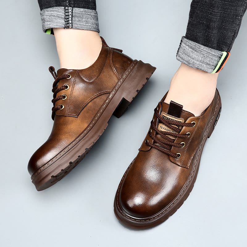 春夏新款男鞋真皮英伦复古大头皮鞋男款商务休闲低帮马丁靴图片