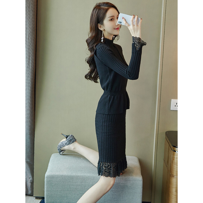 丝柏舍2019秋女纯色针织连衣裙搭收腰马甲气质套装S93T4104N