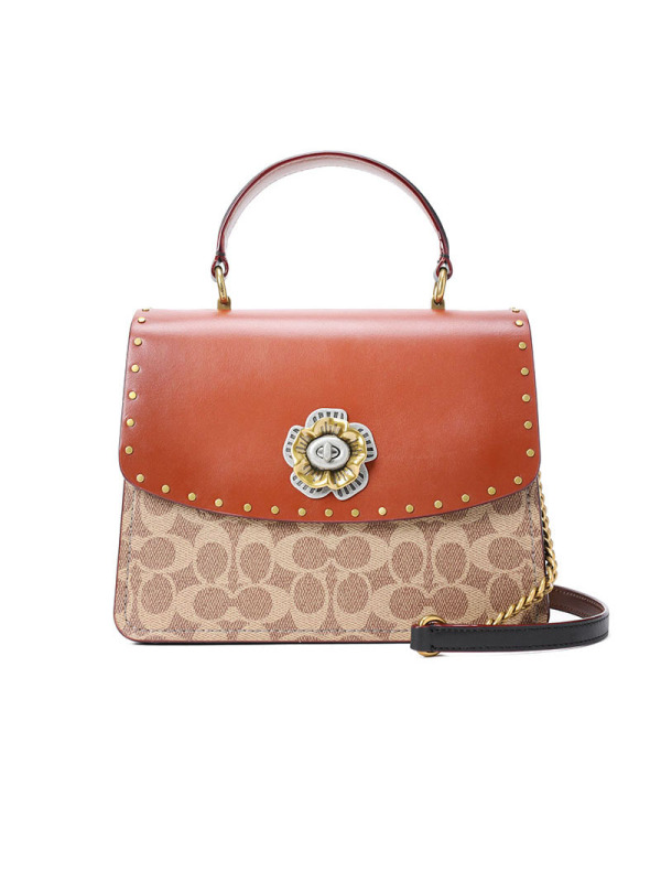 预订COACH/蔻驰 女士PARKER山茶花系列铆钉装饰单肩包53349 23*18*10CM牛皮革\PVC