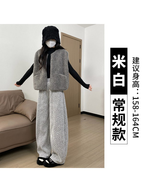 灰色毛呢裤女秋冬季加绒灯芯绒直筒小个子加厚羊羔绒阔腿裤子
