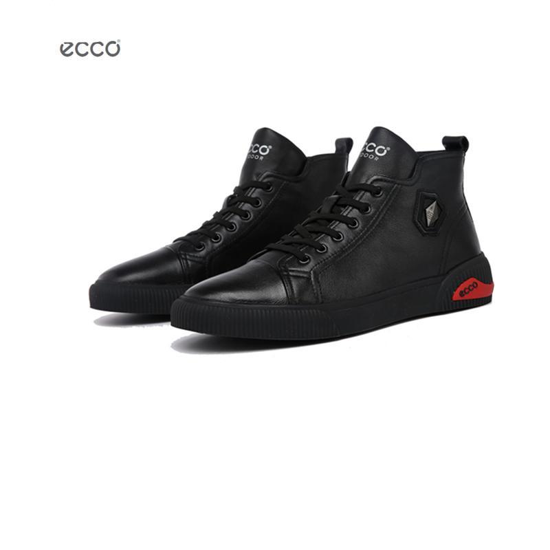 ECCO爱步头层牛皮板鞋高帮休闲鞋黑白男鞋软底软面880905