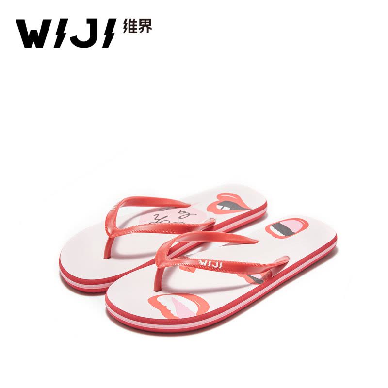 WIJI夏季新款女士拖潮防滑人字拖时尚室内个性平底印花凉爽沙滩鞋图片