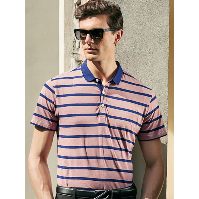 传奇保罗polo衫男短袖夏季虾粉条纹时尚翻领商务休闲t恤