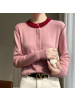 韩系撞色小衫圆领桑蚕丝羊毛针织女春秋薄款显瘦长袖开衫外套