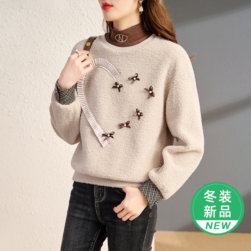 OUNIXUE欧昵雪 | [保暖羊羔毛上衣]冬季减龄圆领蝴蝶结拼接加厚宽松卫衣女