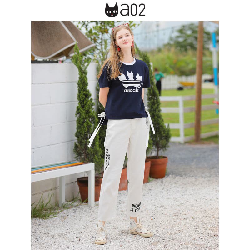 a02新款2020时尚飘带卡通字母印花修身短袖T恤女潮DTV2C0371KT图片