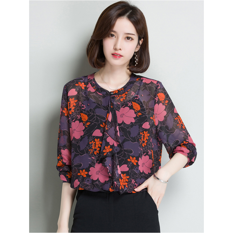 恒源祥女士100桑蚕丝衬衫2020春装新款不规则印花长袖蚕丝大码上衣
