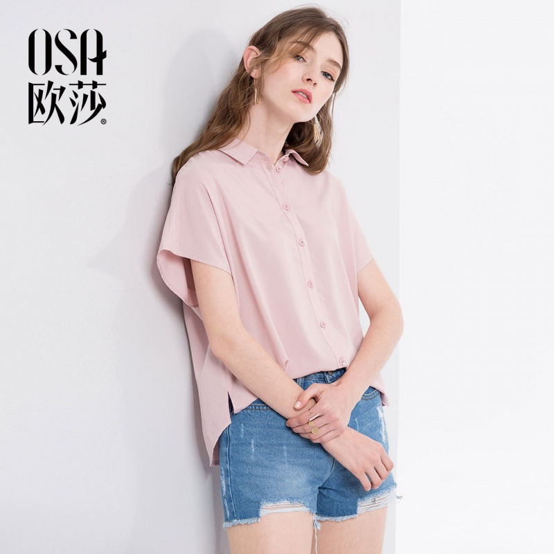 OSA欧莎2018夏装韩版小清新上衣宽松遮肚子短袖雪纺衬衫女
