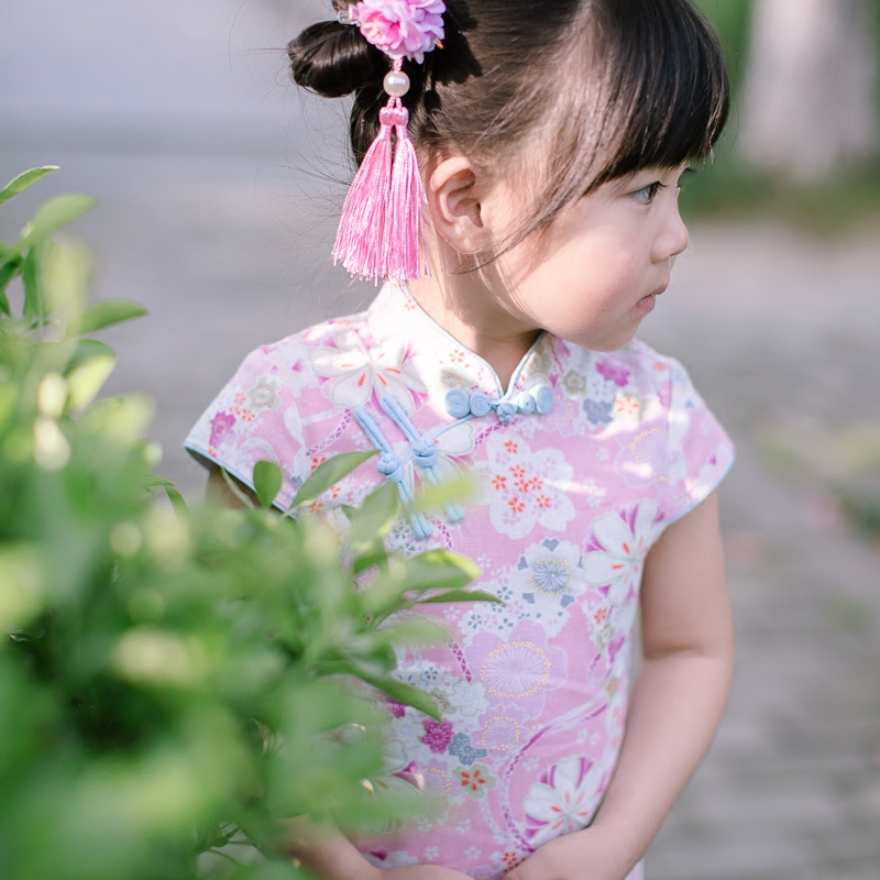 旗铂Qibo花语短袖旗袍夏季小女孩儿童唐装女宝宝夏装公主裙连衣裙