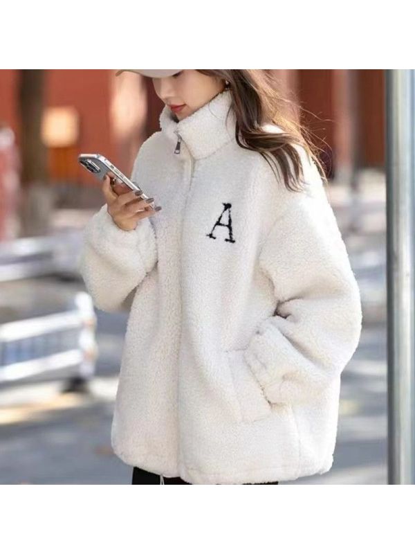 立领字母宽松显瘦加绒加厚保暖外套秋冬季新款拉链时尚简约棉服潮