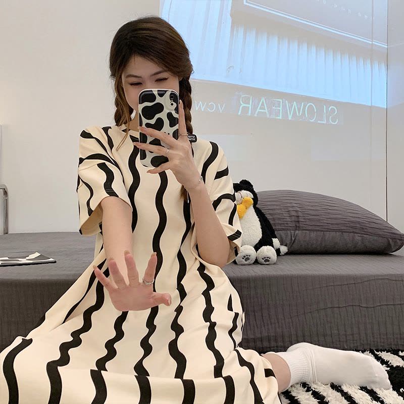 睡裙夏季女棉质短袖可爱卡通网红睡衣女夏天宽松女士春夏款家居服图片