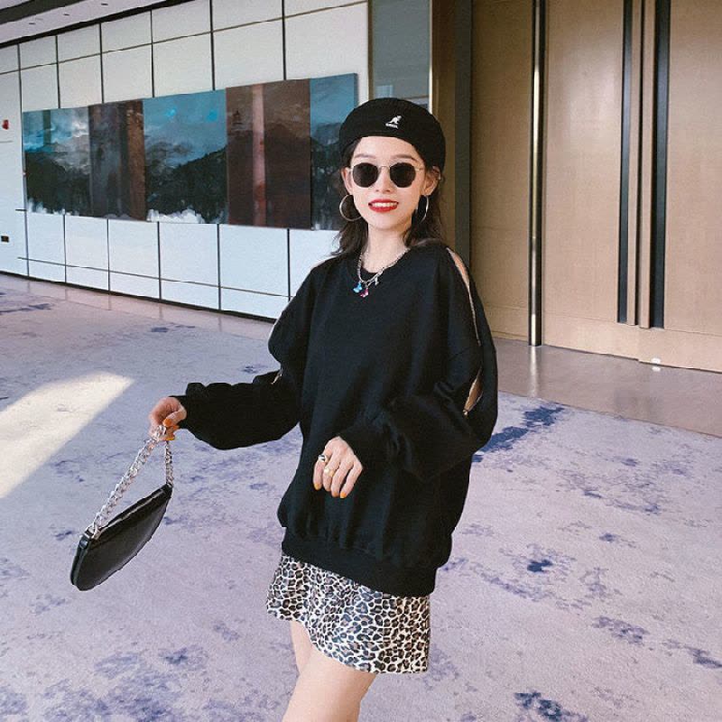 秋冬季长袖露肩拉链卫衣女宽松韩版圆领薄款T恤女士外套上衣女装图片