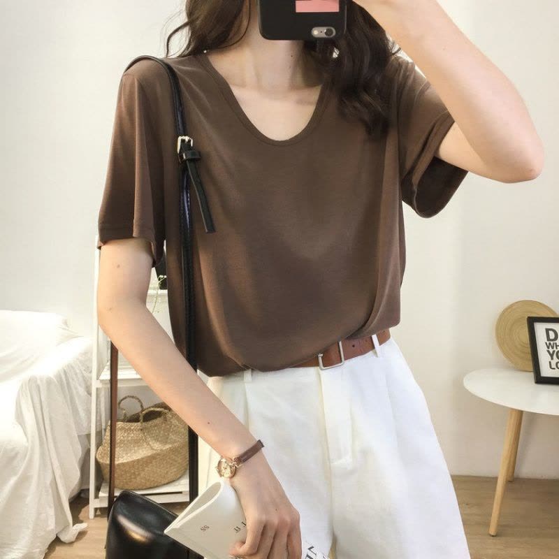 夏季韩版新款短袖T恤女纯色V领打底衫学生上衣服韩国女装图片