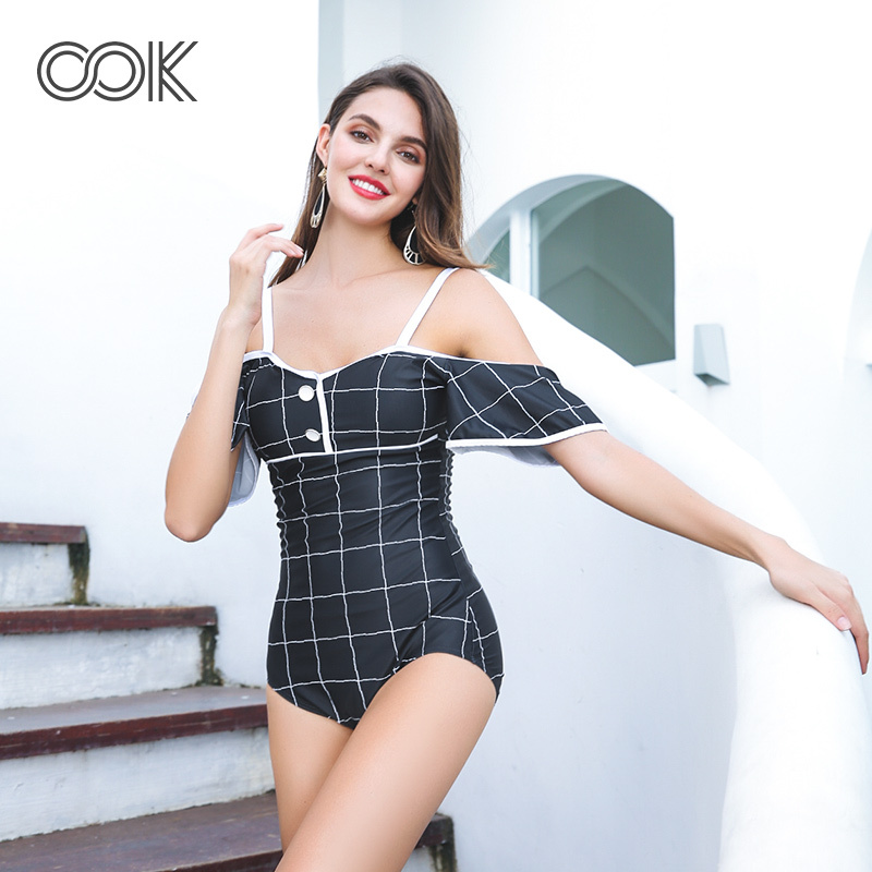 OOK连体裙式泳衣女保守遮肚显瘦游泳衣大胸聚拢性感大码泳装新款 黑格