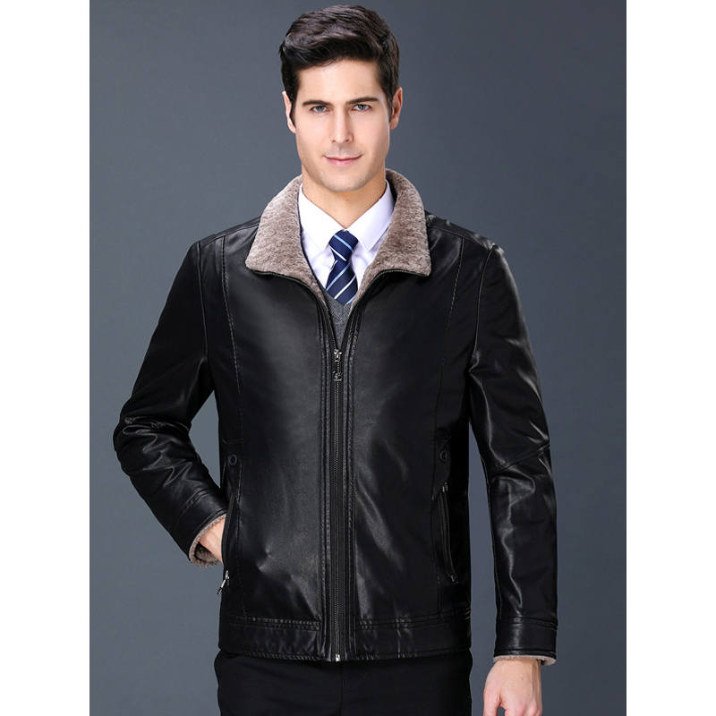恒源祥男士皮衣秋冬款中年男士皮夹克爸爸装pu翻领皮夹克外套报价_参