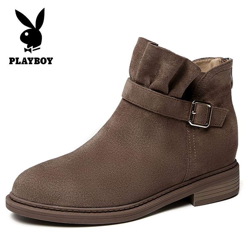 PLAYBOY/花花公子冬季荷叶边金属扣装饰圆头低跟时尚短靴女G12299218
