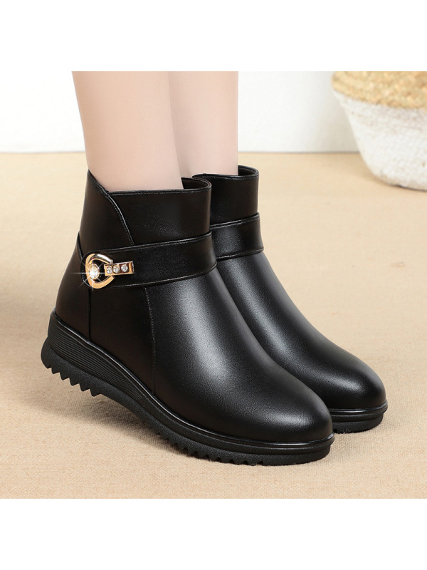 棉靴女冬季加绒保暖短靴女软底软面靴子加厚中年平底妈妈棉鞋女鞋