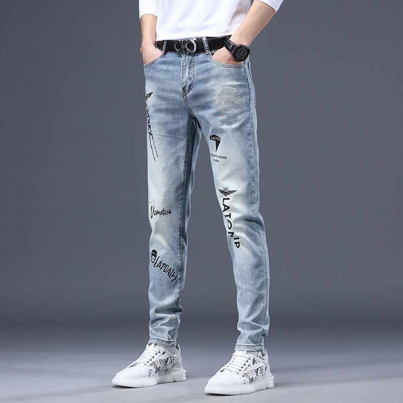 Ceen Bulled牛仔裤男韩版长裤修身小脚弹力浅蓝春季烫钻印花休闲牛仔裤子男