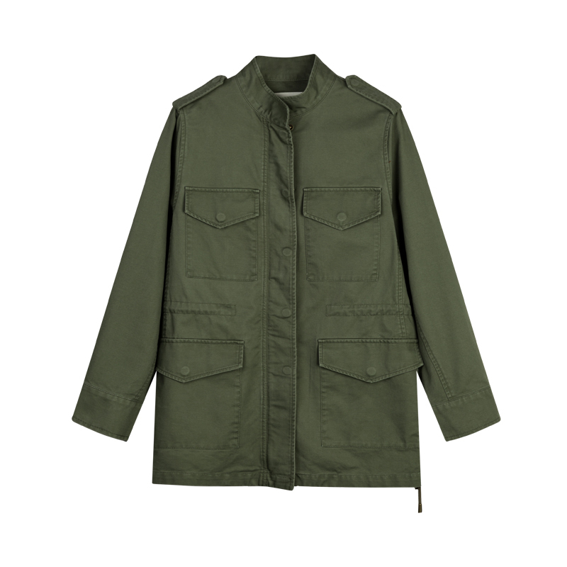 拉贝缇工装外套女新款春季中长款学生复古军绿色夹克外衣bf潮60006371