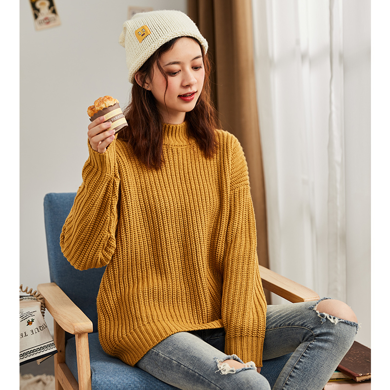 2019唐狮秋冬季新款毛衣女半高领粗线针织衫毛线衣上衣色黑色潮