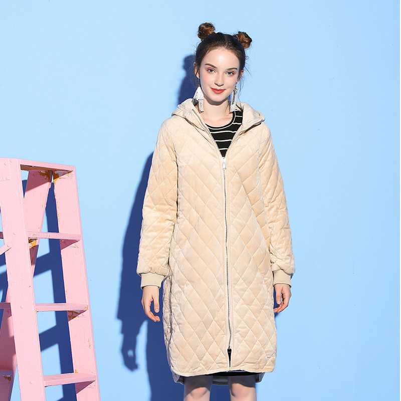 依尚街区纯色中长款金丝绒连帽外套女2018冬季新款时尚潮流棉服