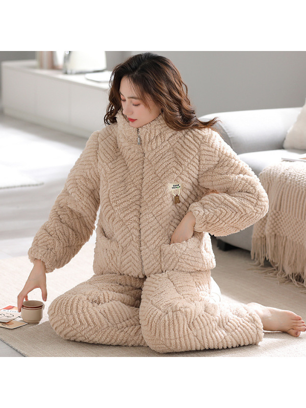 女士三层加厚珊瑚绒夹棉睡衣秋冬季法兰牛奶绒保暖棉袄家居服套装