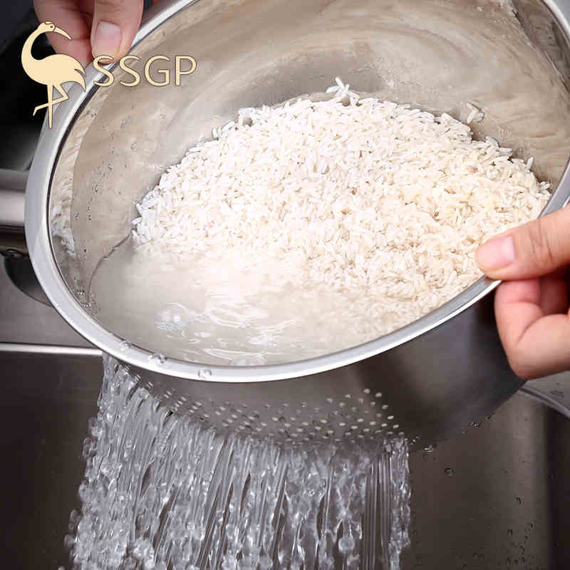 叁肆鋼304沥水篮不锈钢淘米器洗米洗菜筛子厨房淘米盆家用加厚圆形（小号）