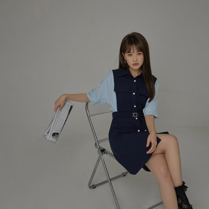 OtherMix气质衬衫裙2021年夏季新款韩版显瘦拼接短袖连衣裙子女潮
