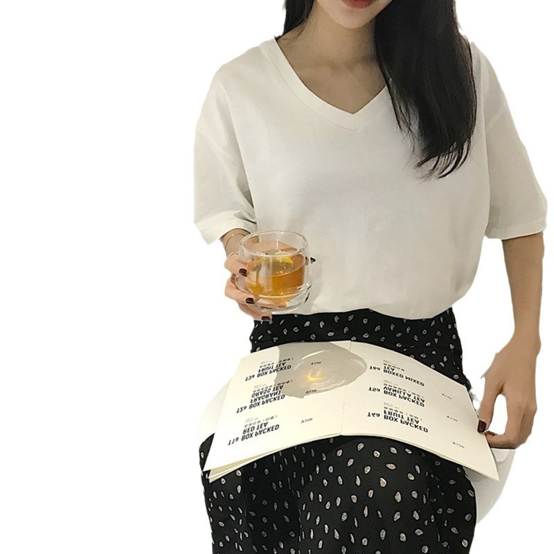 纯色V领宽松休闲短袖T恤女夏装韩版学生上衣女ins打底衫女装