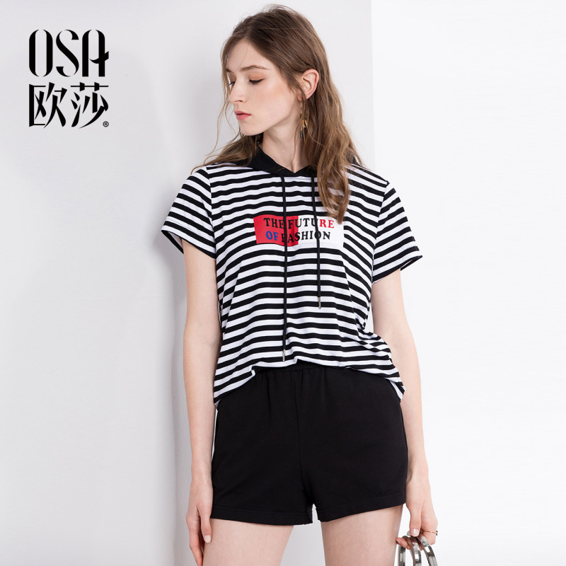 OSA欧莎2018夏装时尚宽松条纹连帽短裤休闲运动套装女