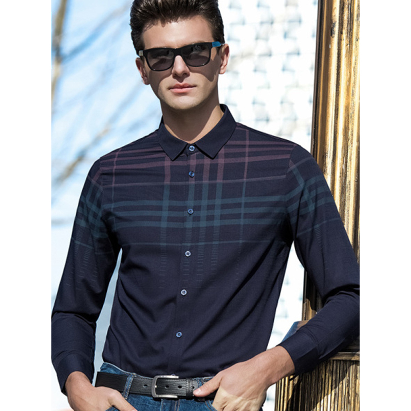 传奇保罗条纹长袖衬衫男春季韩版潮流修身休闲打底衬衣